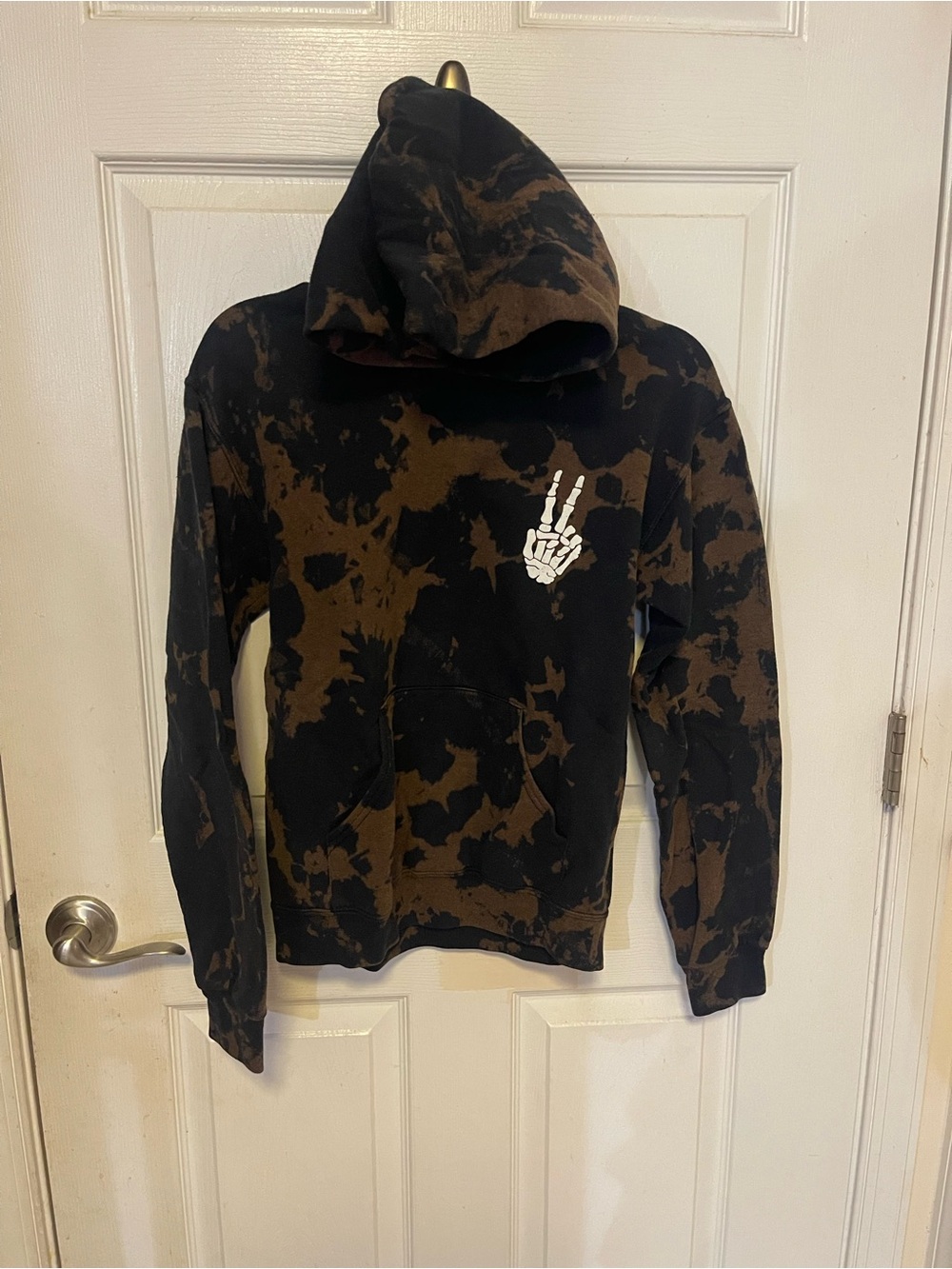 Black & Brown Tie-Dye Hooded Sweater with Peace Hand Graphic